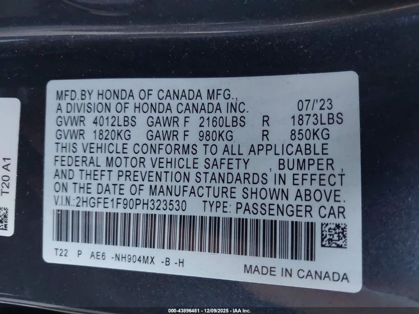 2023 Honda Civic Touring VIN: 2HGFE1F90PH323530 Lot: 43896481