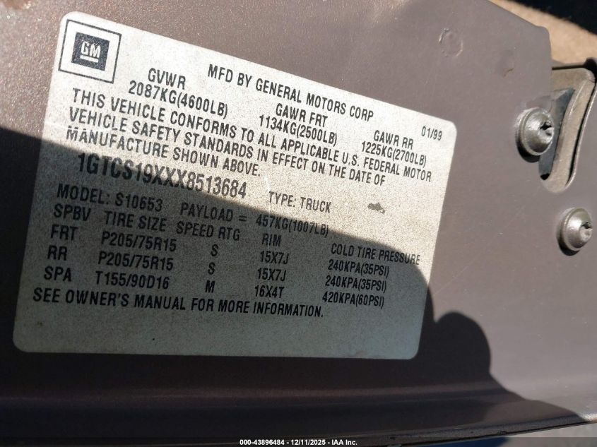1999 GMC Sonoma Sls VIN: 1GTCS19XXX8513684 Lot: 43896484