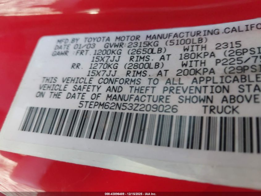 2003 Toyota Tacoma VIN: 5TEPM62N53Z209026 Lot: 43896489
