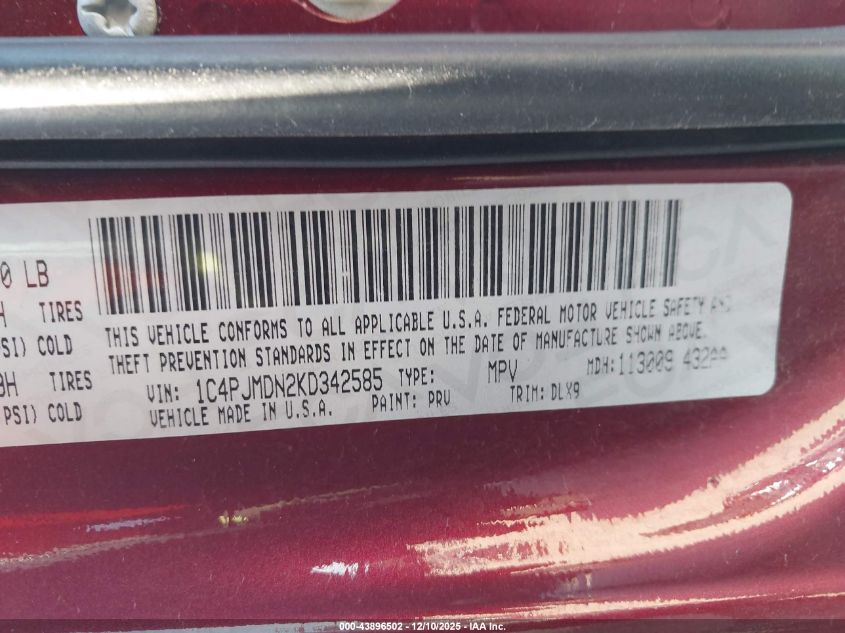 2019 Jeep Cherokee High Altitude 4X4 VIN: 1C4PJMDN2KD342585 Lot: 43896502