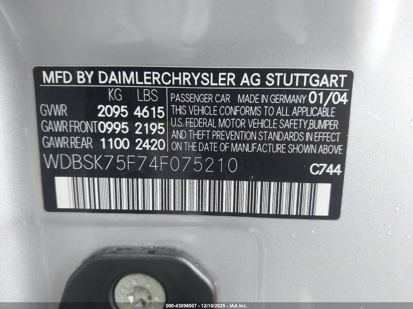 2004 Mercedes-Benz Sl 500 VIN: WDBSK75F74F075210 Lot: 43896507