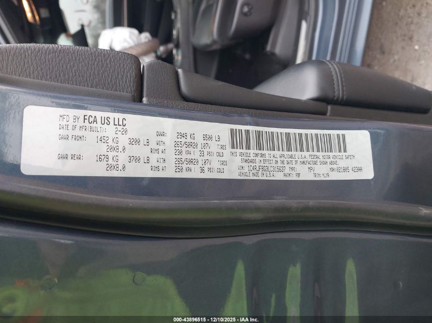 2020 Jeep Grand Cherokee Limited X 4X4 VIN: 1C4RJFBG3LC315637 Lot: 43896515