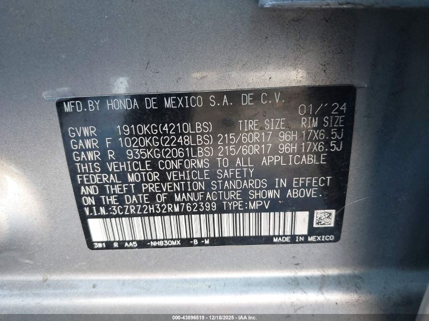 2024 Honda Hr-V Awd Lx VIN: 3CZRZ2H32RM762399 Lot: 43896519