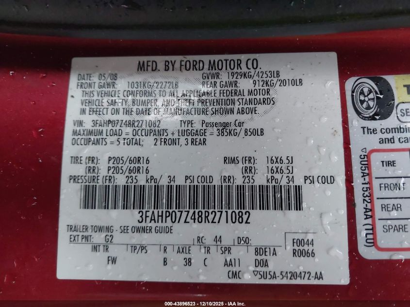 2008 Ford Fusion Se VIN: 3FAHP07Z48R271082 Lot: 43896523