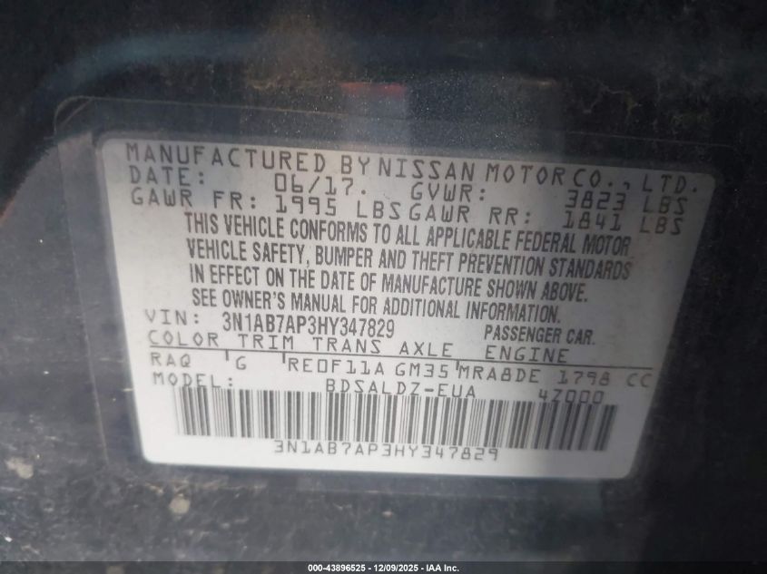 2017 Nissan Sentra Sv VIN: 3N1AB7AP3HY347829 Lot: 43896525