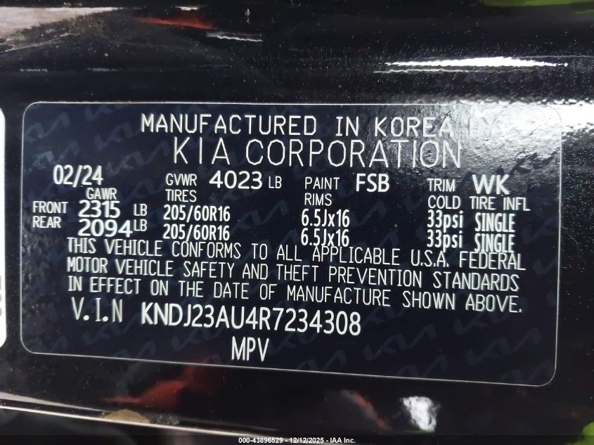 2024 Kia Soul Lx VIN: KNDJ23AU4R7234308 Lot: 43896529