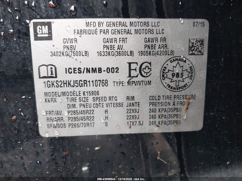 2016 GMC Yukon Xl Denali VIN: 1GKS2HKJ5GR110768 Lot: 43896543