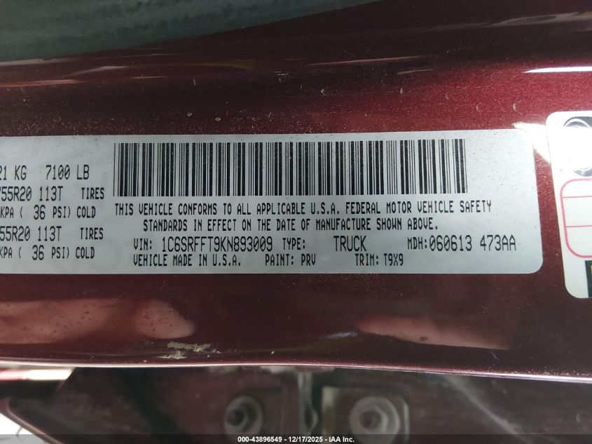 2019 Ram 1500 Big Horn/Lone Star 4X4 5'7 Box VIN: 1C6SRFFT9KN893009 Lot: 43896549