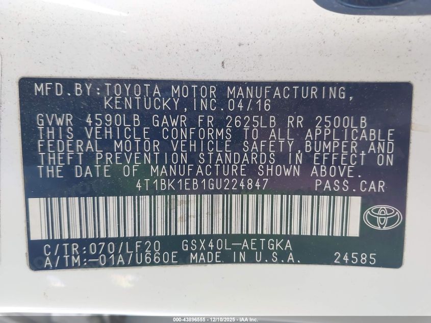 2016 Toyota Avalon Xle Plus VIN: 4T1BK1EB1GU224847 Lot: 43896555