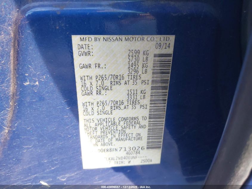 2015 Nissan Frontier Sv VIN: 1N6AD0ER8FN713026 Lot: 43896557
