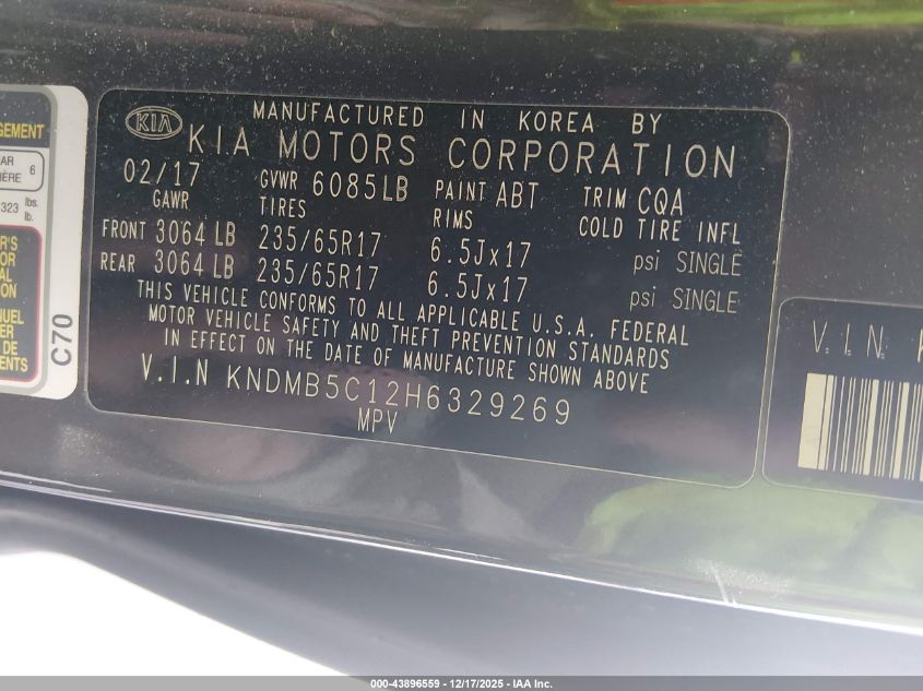 2017 Kia Sedona Lx VIN: KNDMB5C12H6329269 Lot: 43896559