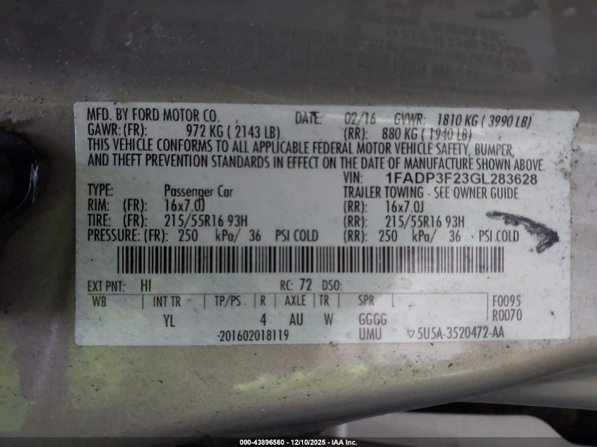 2016 Ford Focus Se VIN: 1FADP3F23GL283628 Lot: 43896560