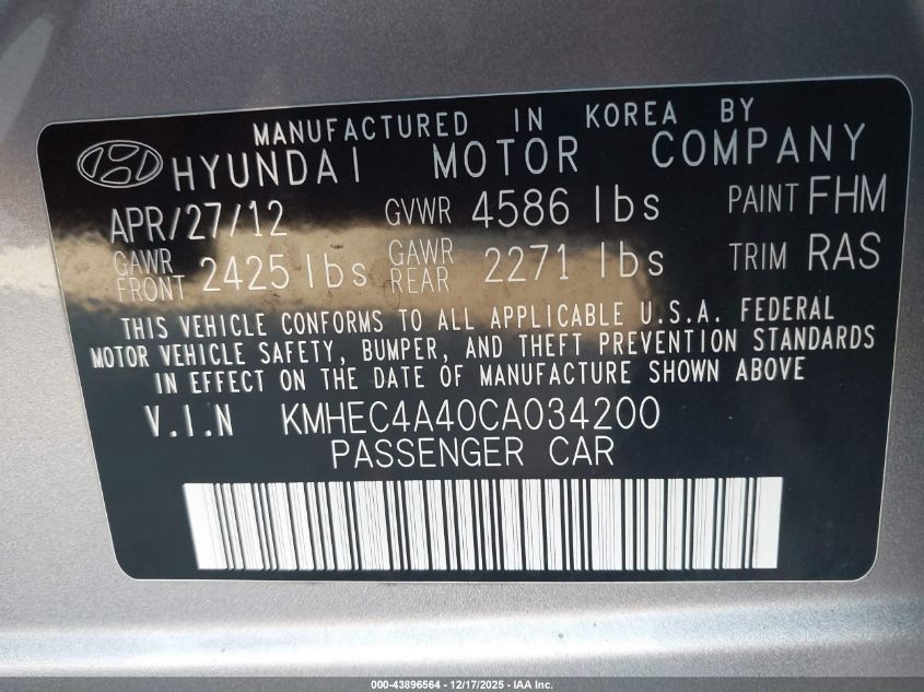 2012 Hyundai Sonata Hybrid VIN: KMHEC4A40CA034200 Lot: 43896564