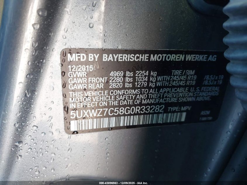 2016 BMW X3 Sdrive28I VIN: 5UXWZ7C58G0R33282 Lot: 43896563