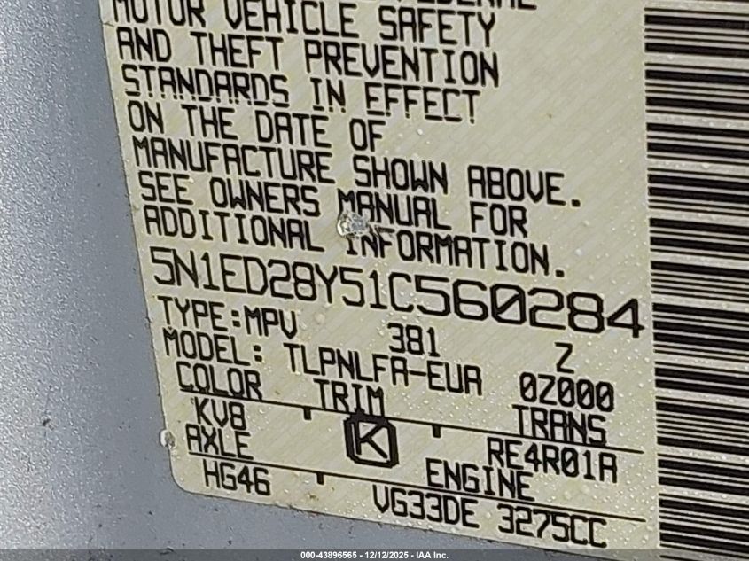 2001 Nissan Xterra Se VIN: 5N1ED28Y51C560284 Lot: 43896565