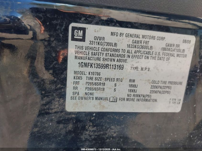 2009 Chevrolet Tahoe Hybrid VIN: 1GNFK13599R113169 Lot: 43896573