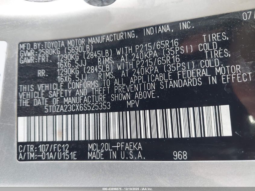 2006 Toyota Sienna Le VIN: 5TDZA23CX6S525353 Lot: 43896575