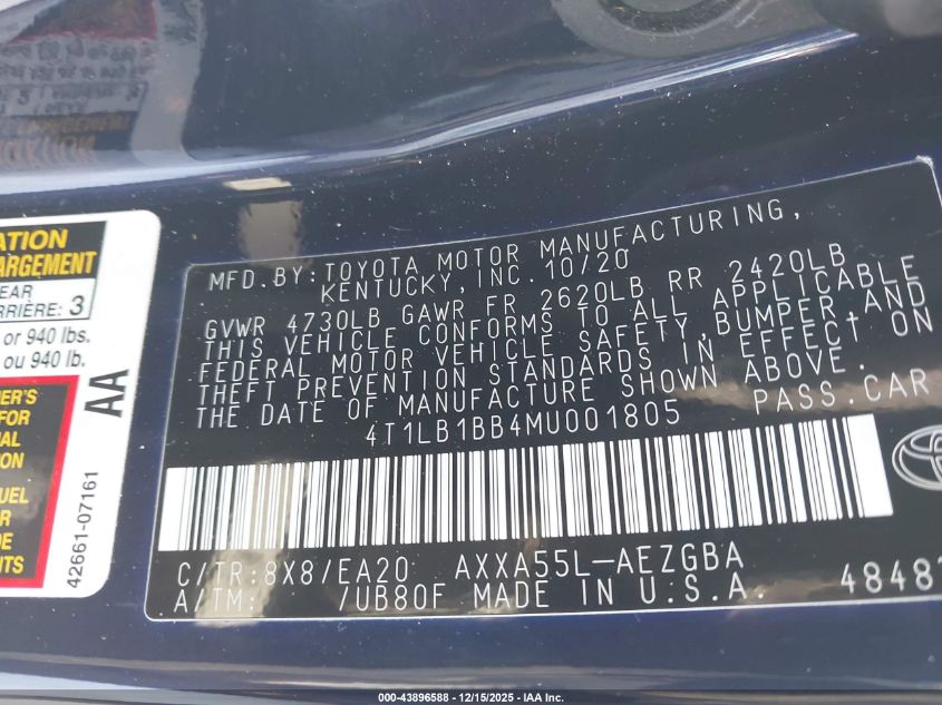 2021 Toyota Avalon Xle Awd VIN: 4T1LB1BB4MU001805 Lot: 43896588