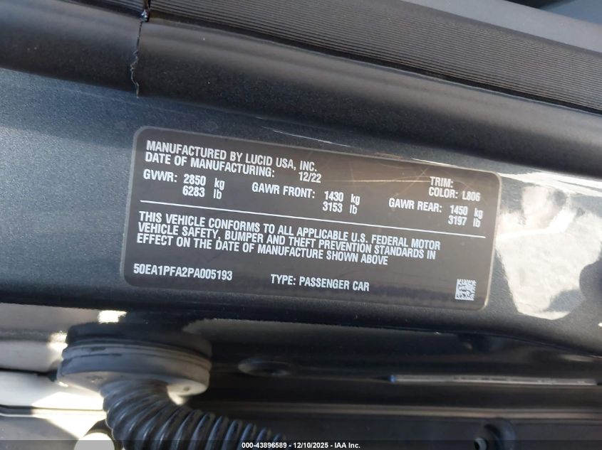 2023 Lucid Air Pure VIN: 50EA1PFA2PA005193 Lot: 43896589
