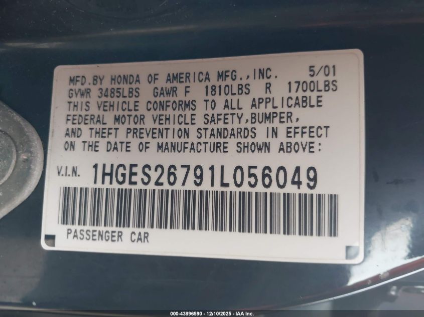 2001 Honda Civic Ex VIN: 1HGES26791L056049 Lot: 43896590