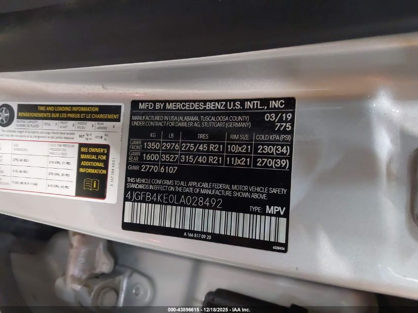 2020 Mercedes-Benz Gle 350 4Matic VIN: 4JGFB4KE0LA028492 Lot: 43896615