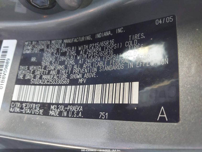 2005 Toyota Sienna Le VIN: 5TDZA23C25S330569 Lot: 43896622