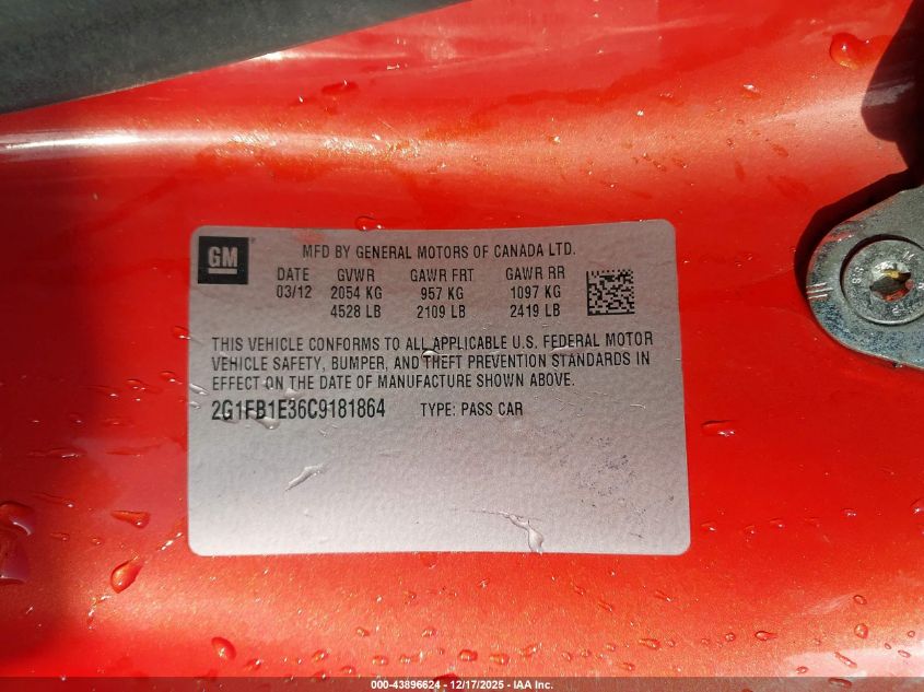 2012 Chevrolet Camaro 1Lt VIN: 2G1FB1E36C9181864 Lot: 43896624