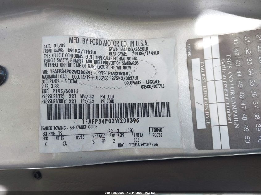 2002 Ford Focus Se VIN: 1FAFP34P02W200395 Lot: 43896629