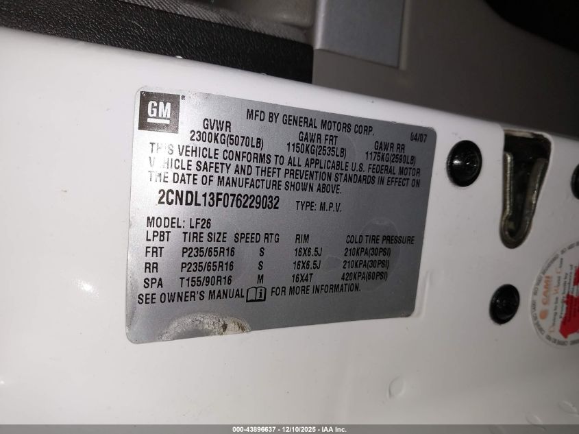 2007 Chevrolet Equinox Ls VIN: 2CNDL13F076229032 Lot: 43896637