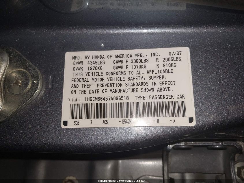 2007 Honda Accord 3.0 Se VIN: 1HGCM66457A096518 Lot: 43896639