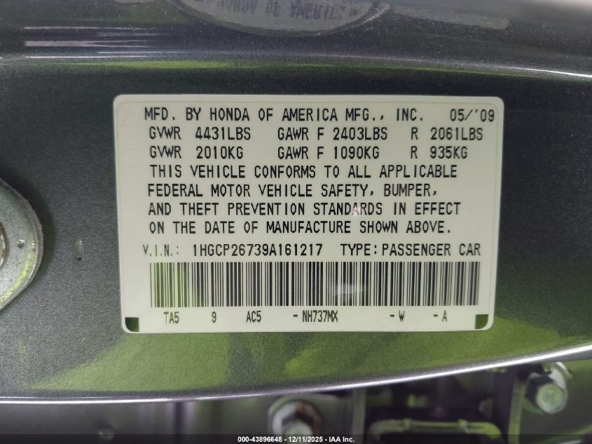 2009 Honda Accord 2.4 Ex VIN: 1HGCP26739A161217 Lot: 43896648