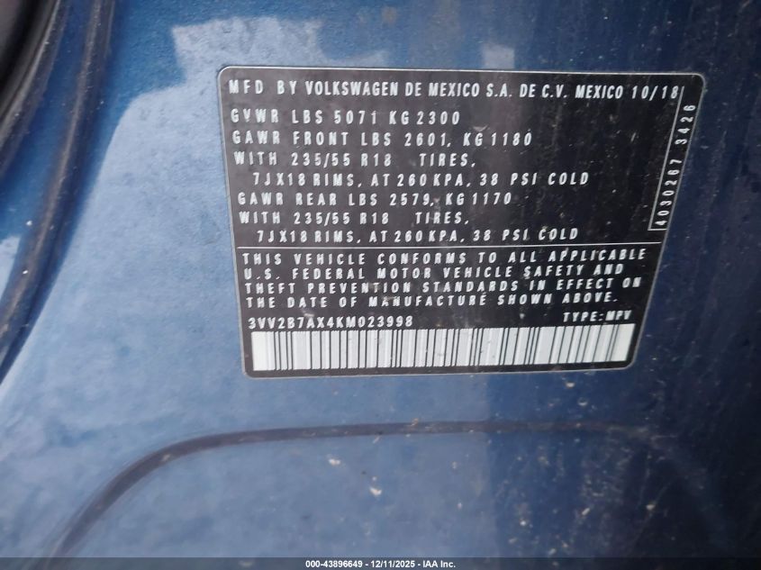 2019 Volkswagen Tiguan 2.0T Se/2.0T Sel/2.0T Sel R-Line/2.0T Sel R-Line Black VIN: 3VV2B7AX4KM023998 Lot: 43896649