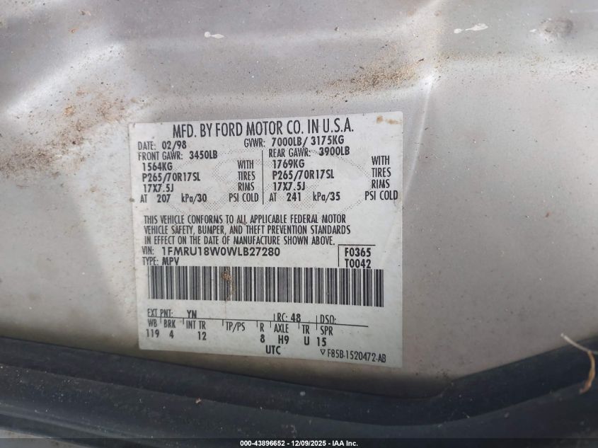 1998 Ford Expedition Eddie Bauer/Xlt VIN: 1FMRU18W0WLB27280 Lot: 43896652