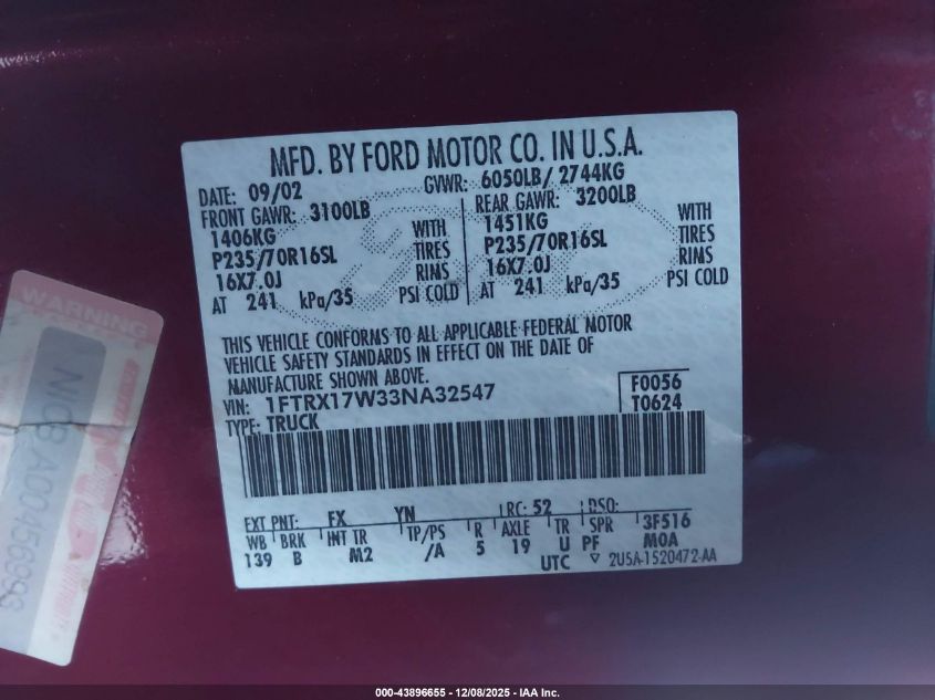 2003 Ford F-150 Lariat/Xl/Xlt VIN: 1FTRX17W33NA32547 Lot: 43896655