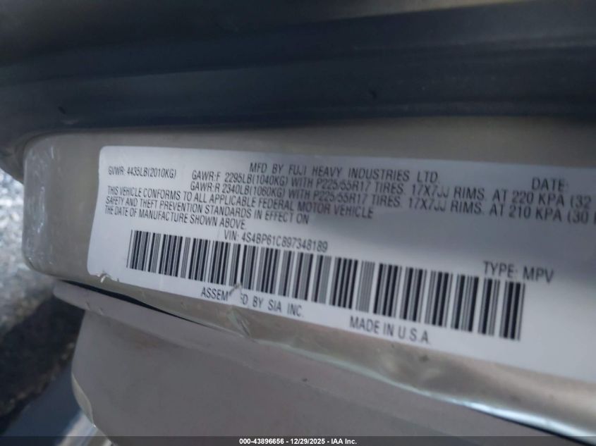 2009 Subaru Outback 2.5I VIN: 4S4BP61C897348189 Lot: 43896656