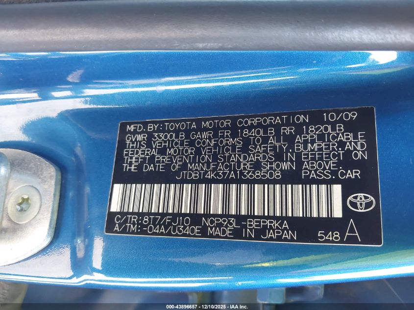 2010 Toyota Yaris VIN: JTDBT4K37A1368508 Lot: 43896657