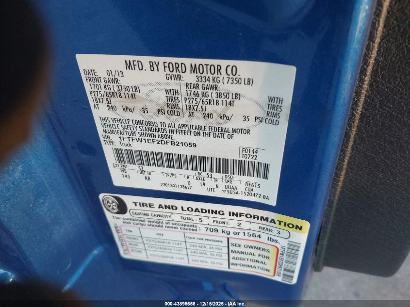 2013 Ford F-150 Fx4 VIN: 1FTFW1EF2DFB21059 Lot: 43896658