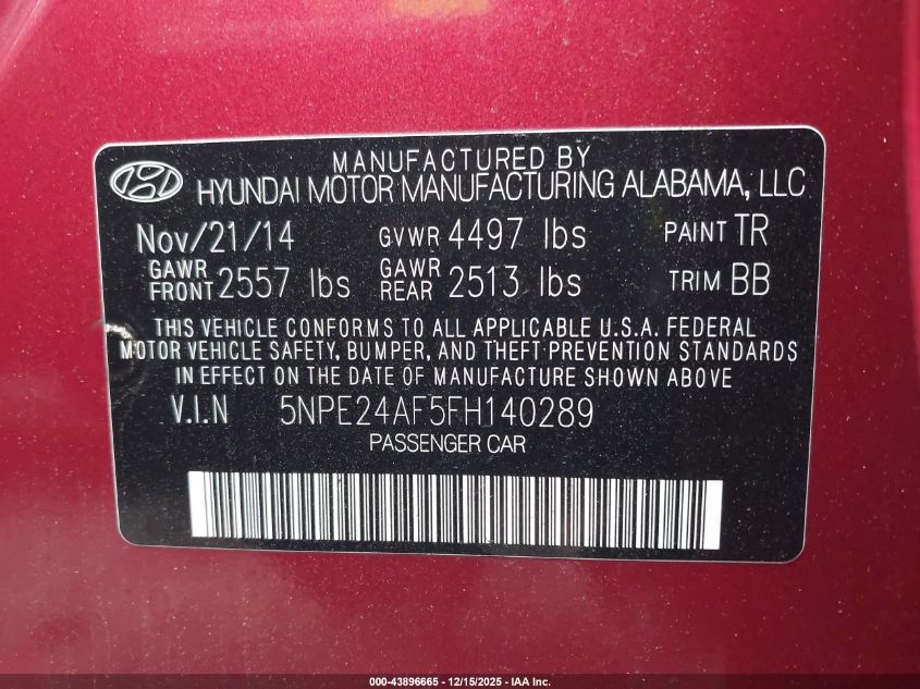 2015 Hyundai Sonata Se VIN: 5NPE24AF5FH140289 Lot: 43896665