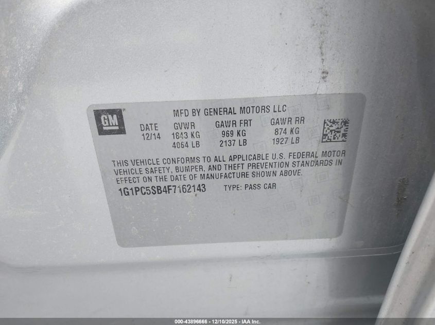 2015 Chevrolet Cruze 1Lt Auto VIN: 1G1PC5SB4F7162143 Lot: 43896666