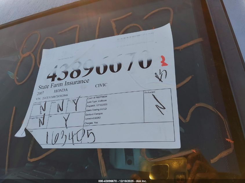 2007 Honda Civic Ex VIN: 2HGFA16867H302846 Lot: 43896670