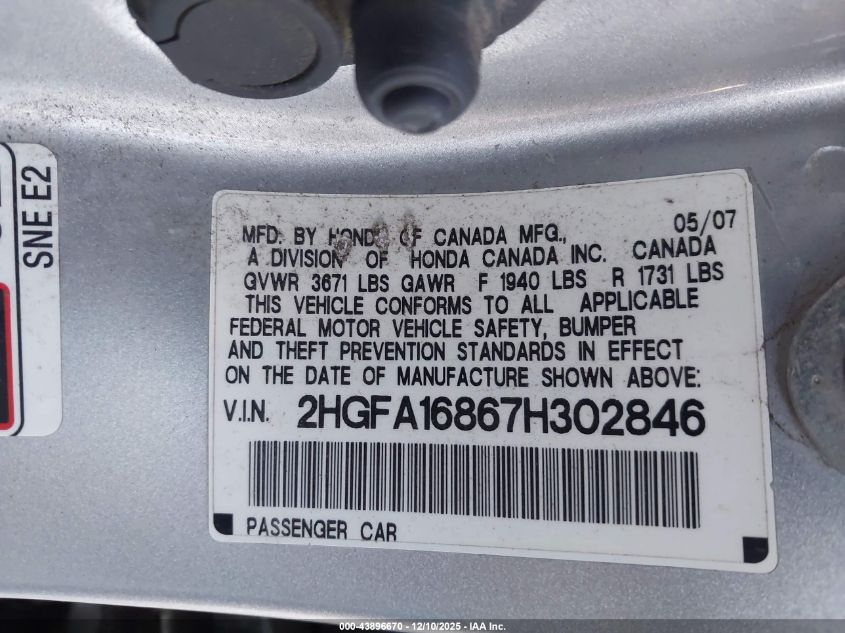 2007 Honda Civic Ex VIN: 2HGFA16867H302846 Lot: 43896670