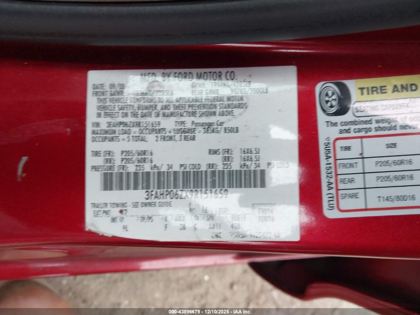 2009 Ford Fusion S VIN: 3FAHP06ZX9R151659 Lot: 43896679