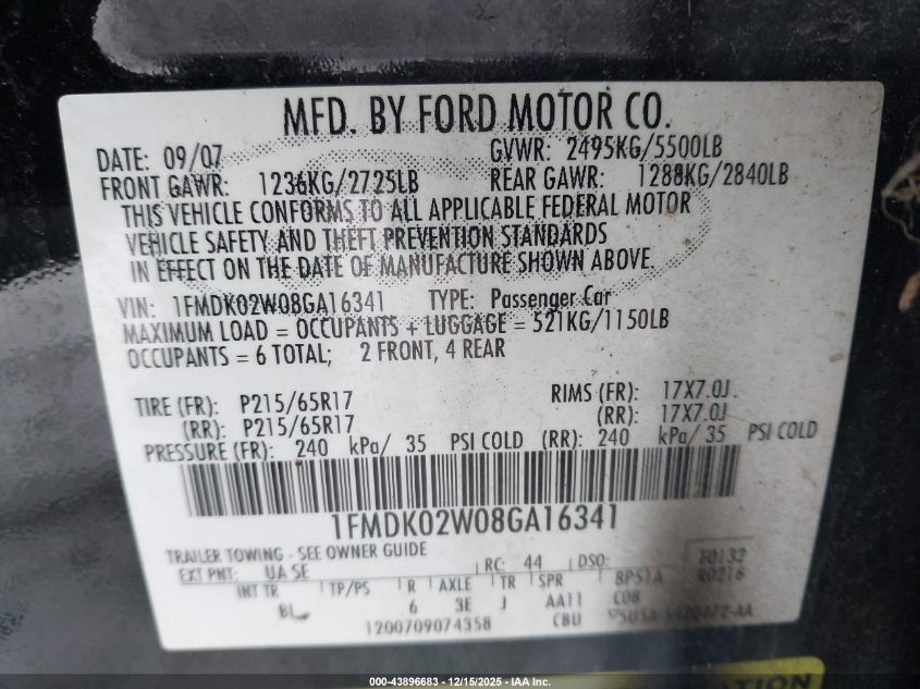 2008 Ford Taurus X Sel VIN: 1FMDK02W08GA16341 Lot: 43896683