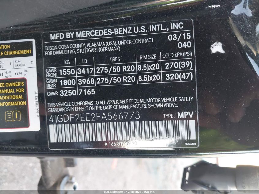 2015 Mercedes-Benz Gl 350 Bluetec 4Matic VIN: 4JGDF2EE2FA566773 Lot: 43896691