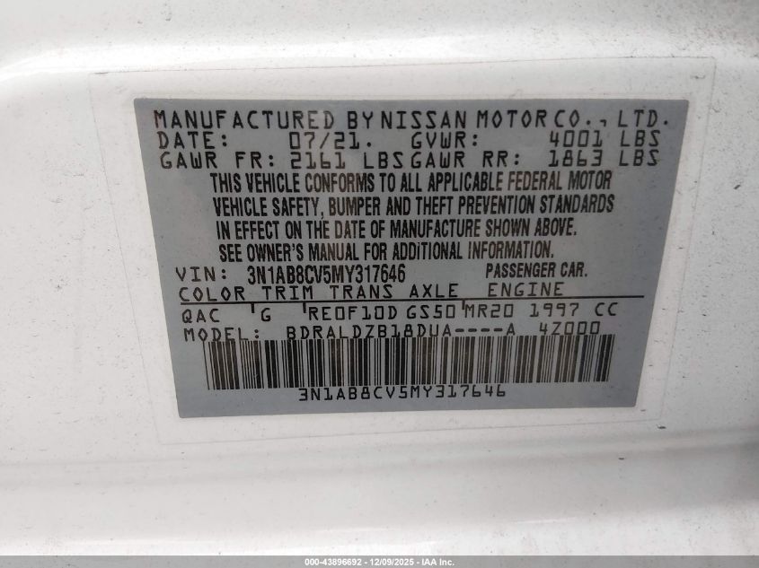 2021 Nissan Sentra Sv Xtronic Cvt VIN: 3N1AB8CV5MY317646 Lot: 43896692