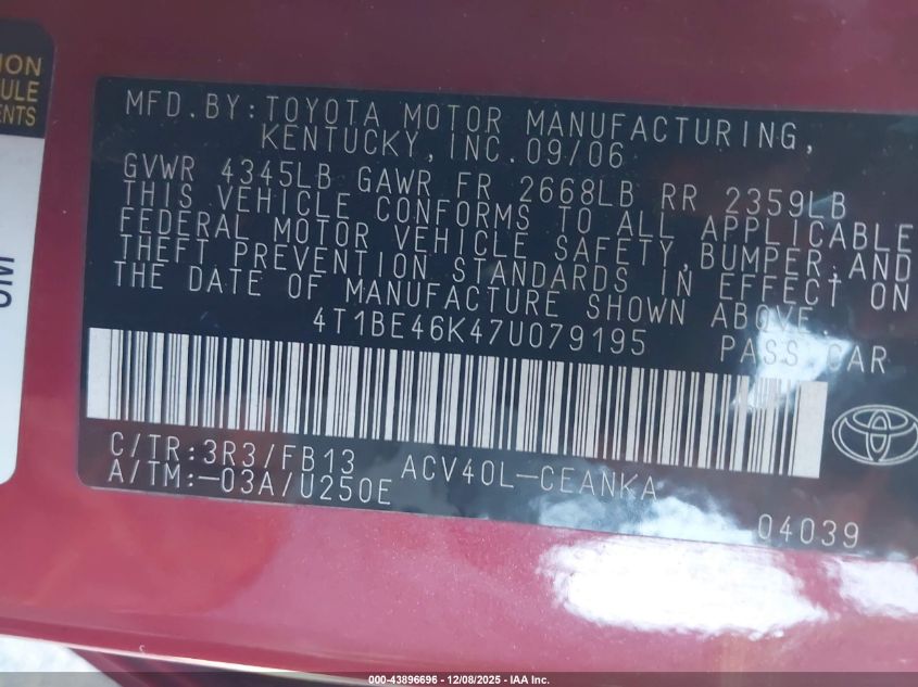 2007 Toyota Camry Le VIN: 4T1BE46K47U079195 Lot: 43896696