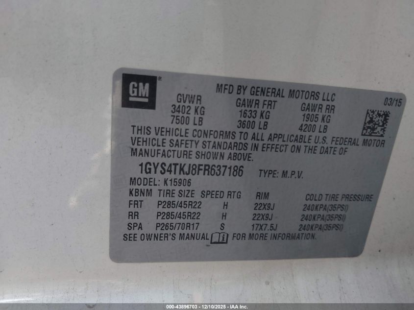 2015 Cadillac Escalade Esv Premium VIN: 1GYS4TKJ8FR637186 Lot: 43896703