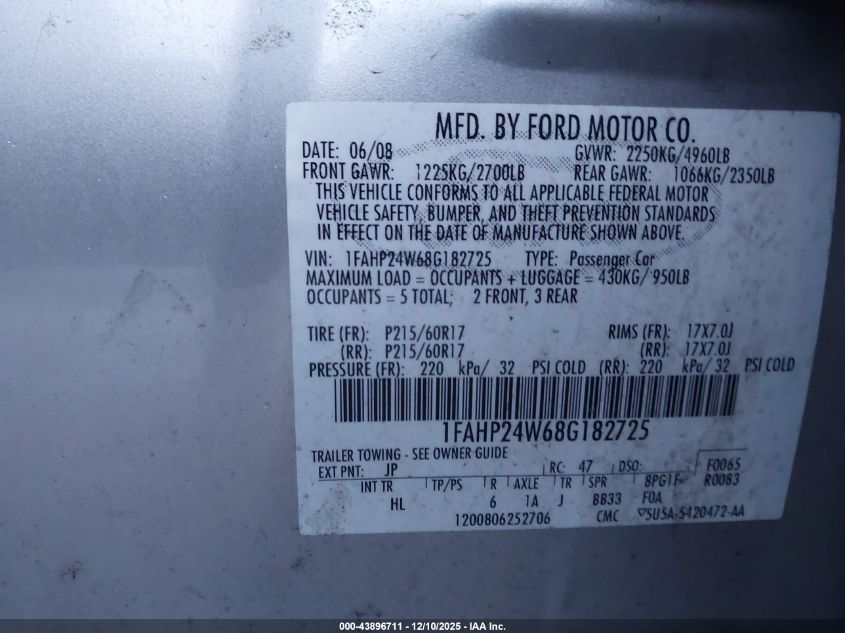 2008 Ford Taurus Sel VIN: 1FAHP24W68G182725 Lot: 43896711