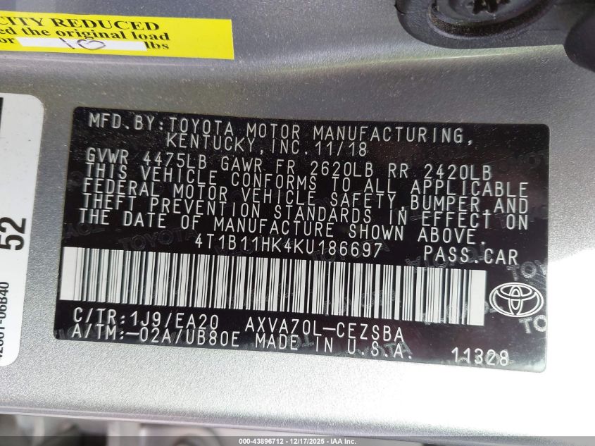 2019 Toyota Camry Se VIN: 4T1B11HK4KU186697 Lot: 43896712