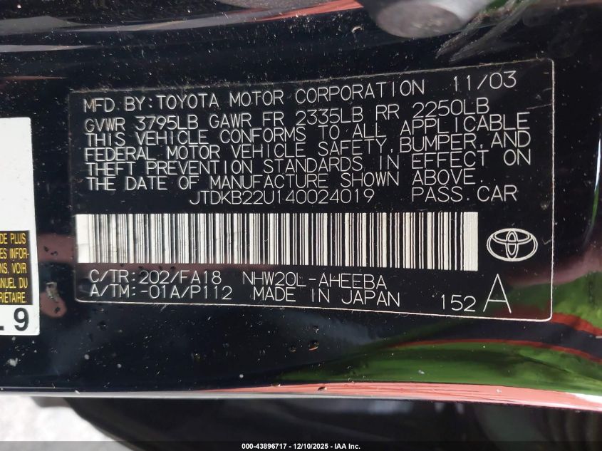 2004 Toyota Prius VIN: JTDKB22U140024019 Lot: 43896717